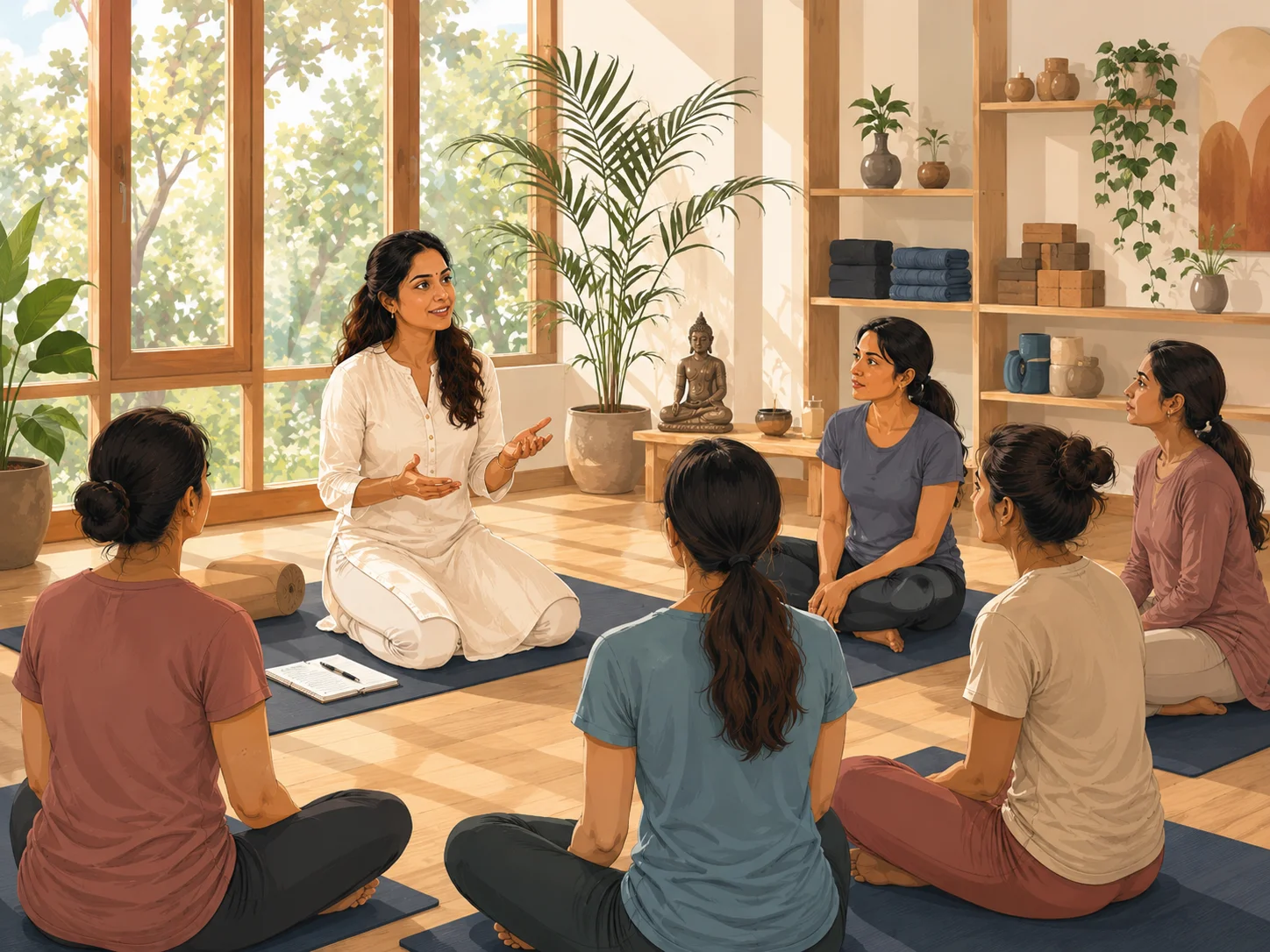 Yoga teacher conducting a professional yoga class